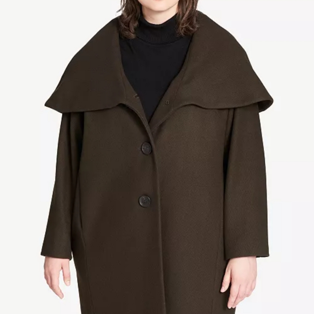 Wool Coat Petite Plus Size XXL Shawl Collar Hooded Dark Olive Green DKNY Classic